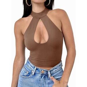 REORIA Sexy Halter Cut Out Sleeveless Crop Top Y2K Women's Size Small Brown NWT